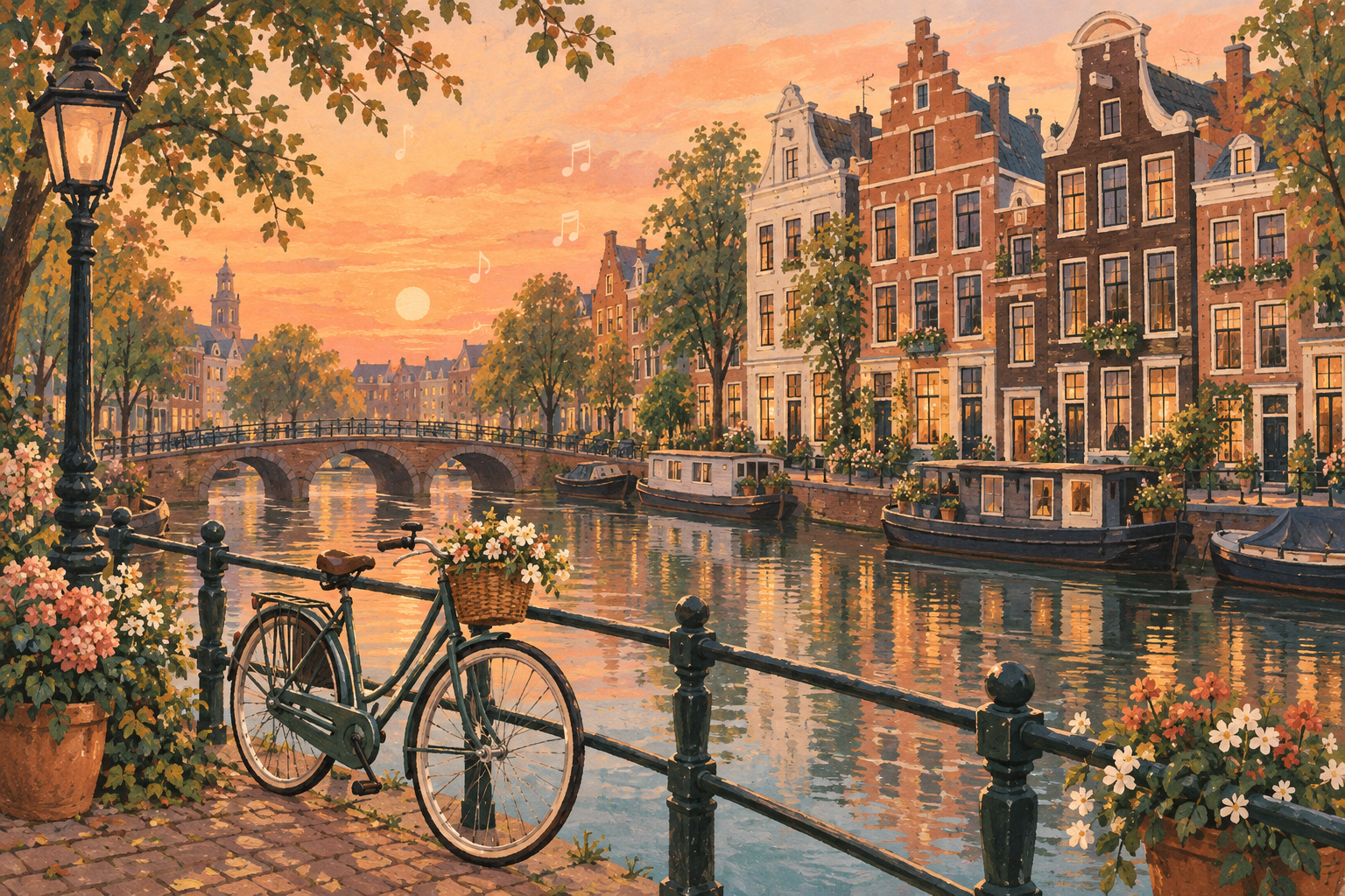 A warm illustrated Amsterdam canal with Dutch houses, a bicycle and floating musical notes.