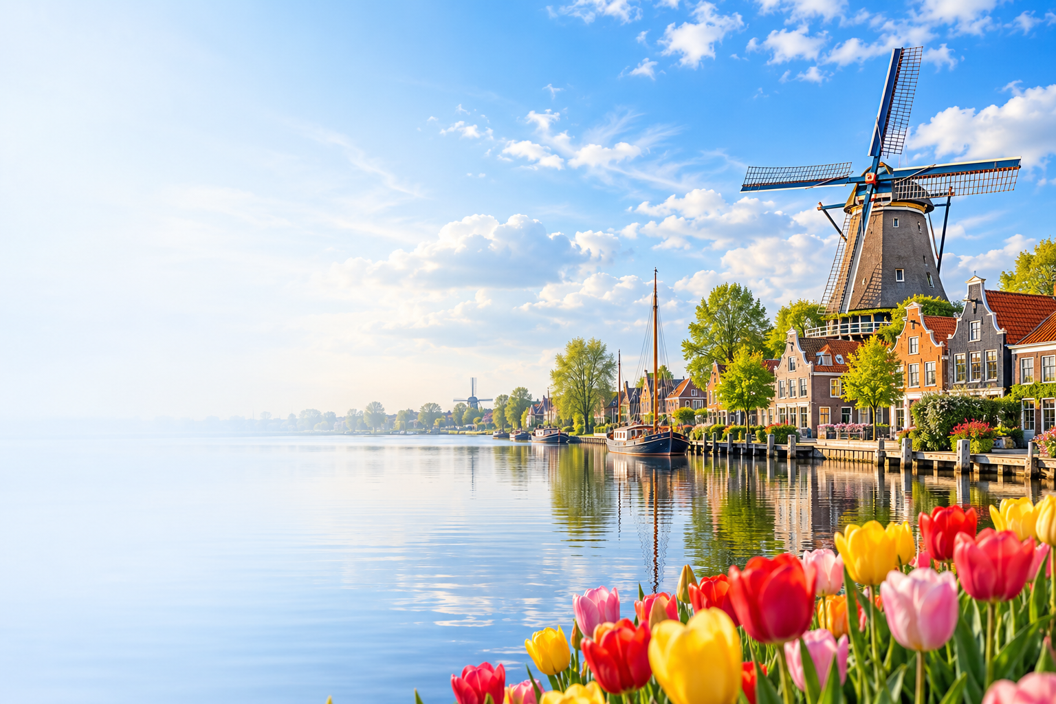 A bright Dutch canal scene with a traditional windmill, canal houses and colorful tulips.